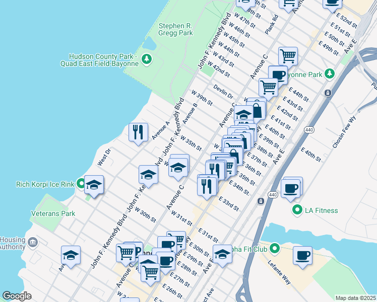 map of restaurants, bars, coffee shops, grocery stores, and more near 84 West 35th Street in Bayonne