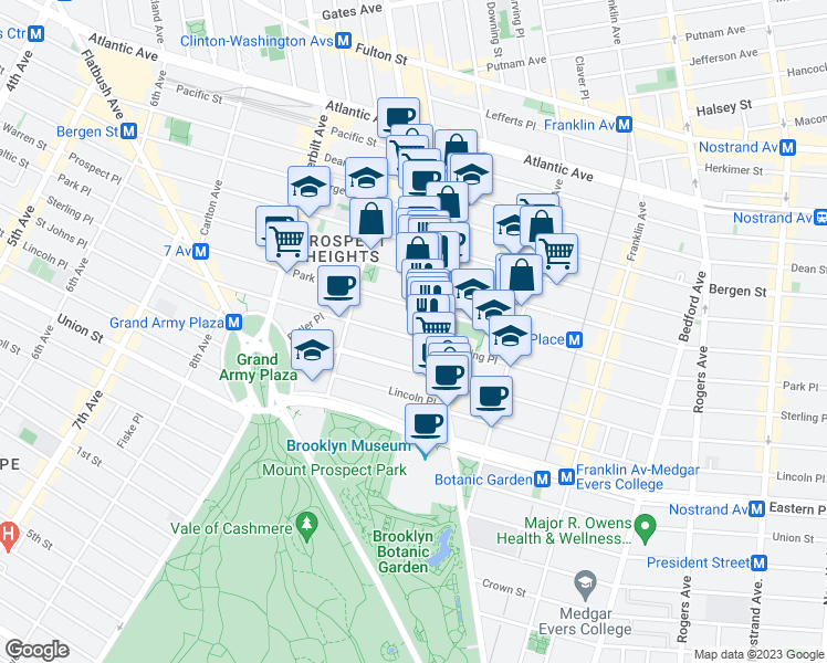 map of restaurants, bars, coffee shops, grocery stores, and more near 423 Sterling Place in Brooklyn