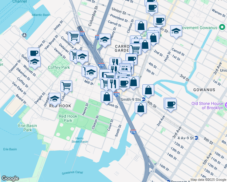 map of restaurants, bars, coffee shops, grocery stores, and more near Hamilton Avenue in Brooklyn