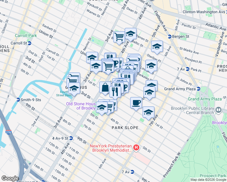 map of restaurants, bars, coffee shops, grocery stores, and more near 34 Garfield Place in Brooklyn