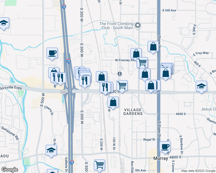 map of restaurants, bars, coffee shops, grocery stores, and more near 162 West 4490 South in Murray