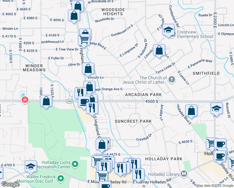 map of restaurants, bars, coffee shops, grocery stores, and more near 1861 Osage Orange Avenue South in Holladay