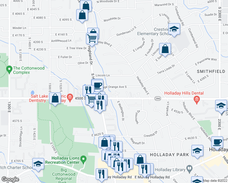 map of restaurants, bars, coffee shops, grocery stores, and more near 1820 Osage Orange Avenue South in Holladay