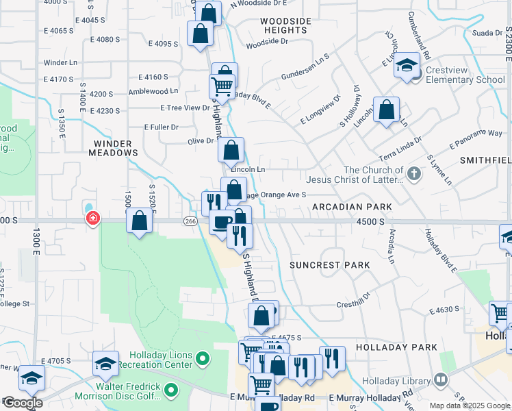 map of restaurants, bars, coffee shops, grocery stores, and more near 1820 Osage Orange Avenue South in Holladay
