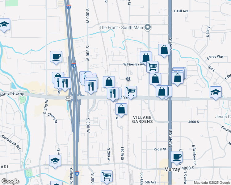 map of restaurants, bars, coffee shops, grocery stores, and more near 143 4450 South in Murray