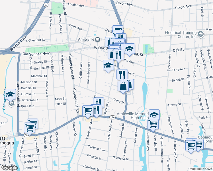 map of restaurants, bars, coffee shops, grocery stores, and more near 140 Park Avenue in Amityville