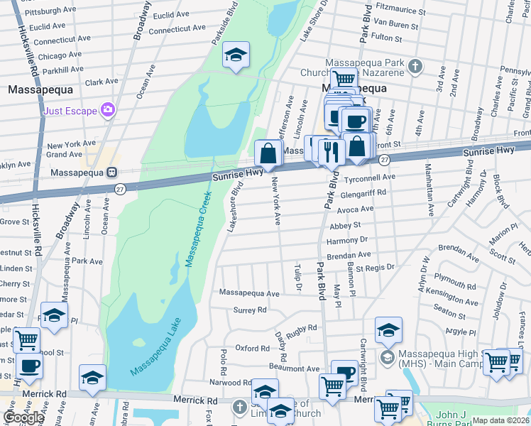 map of restaurants, bars, coffee shops, grocery stores, and more near 33 Glengariff Road in Massapequa Park