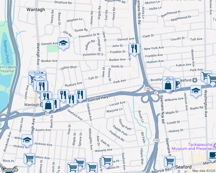 map of restaurants, bars, coffee shops, grocery stores, and more near 1889 Jane Street in Wantagh