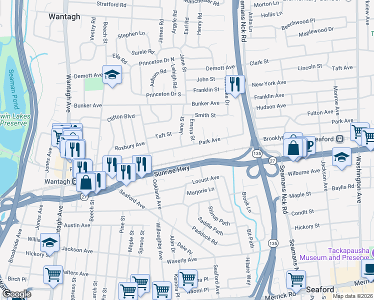 map of restaurants, bars, coffee shops, grocery stores, and more near 1889 Jane Street in Wantagh