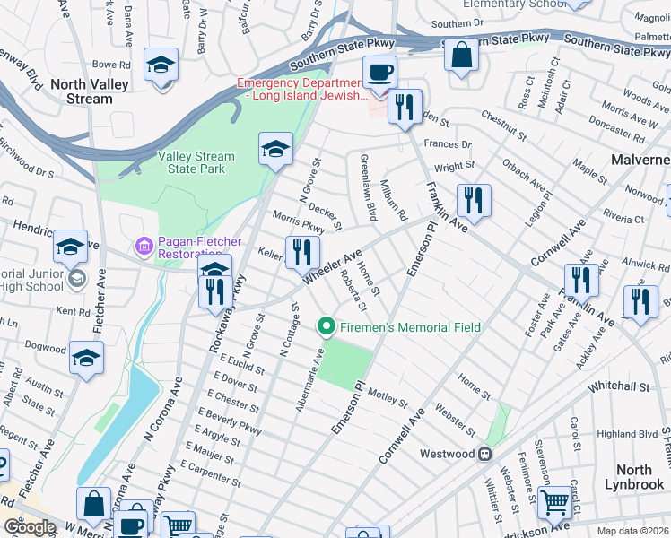 map of restaurants, bars, coffee shops, grocery stores, and more near 151 Wheeler Avenue in Valley Stream
