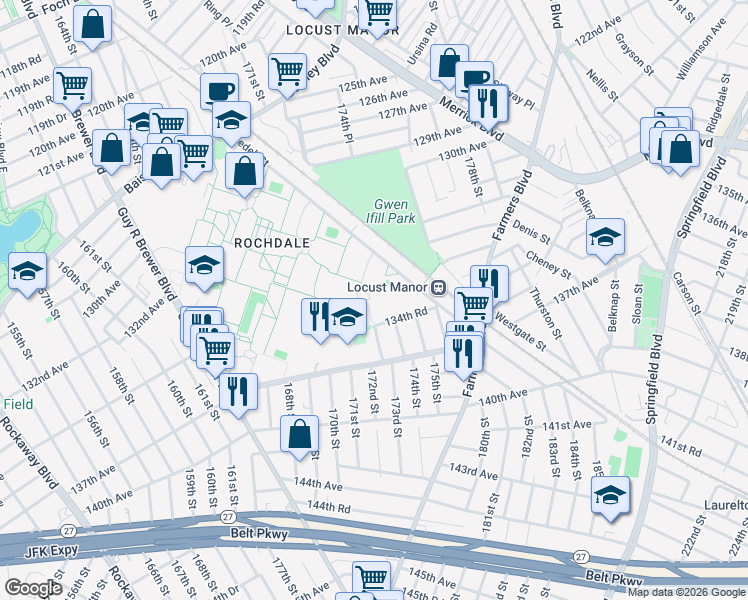 map of restaurants, bars, coffee shops, grocery stores, and more near 172-42 133rd Ave in Queens