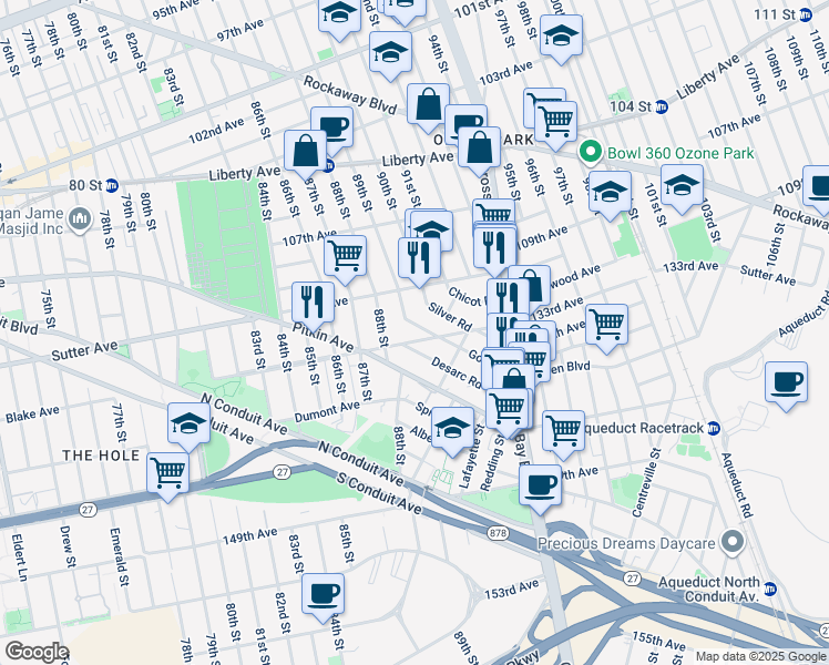 map of restaurants, bars, coffee shops, grocery stores, and more near 132-24 89th Street in Queens