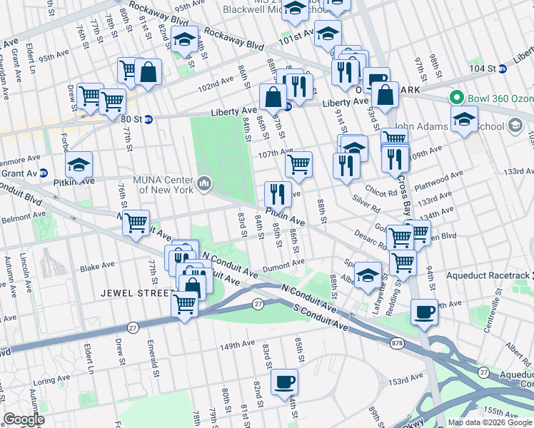 map of restaurants, bars, coffee shops, grocery stores, and more near in Queens