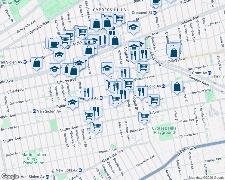 map of restaurants, bars, coffee shops, grocery stores, and more near 836 Glenmore Avenue in Brooklyn