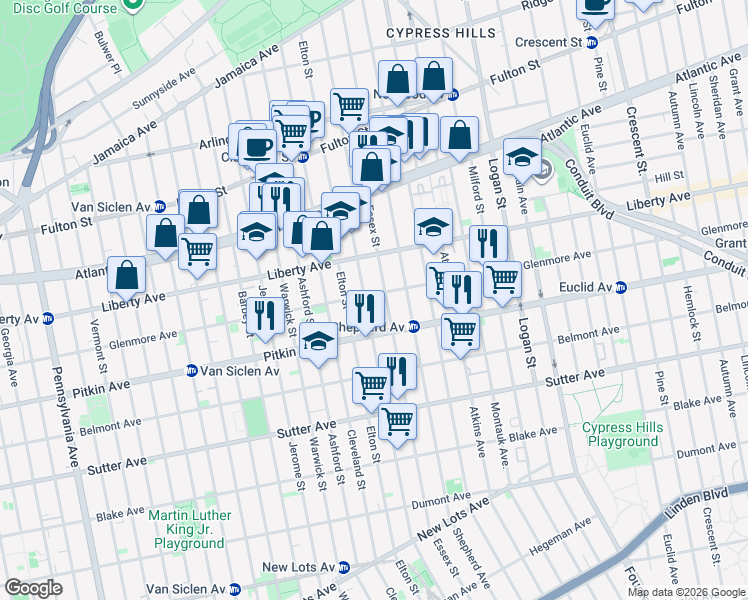 map of restaurants, bars, coffee shops, grocery stores, and more near 753 Glenmore Avenue in Brooklyn