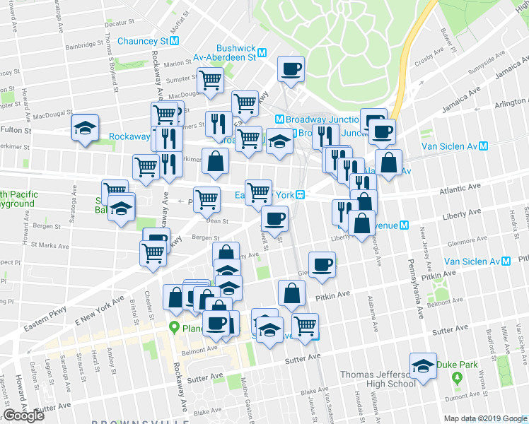 map of restaurants, bars, coffee shops, grocery stores, and more near 2416 Atlantic Avenue in Brooklyn