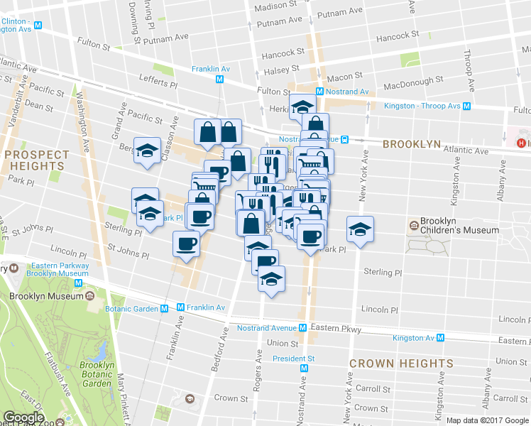map of restaurants, bars, coffee shops, grocery stores, and more near 1391 Bedford Avenue in Brooklyn