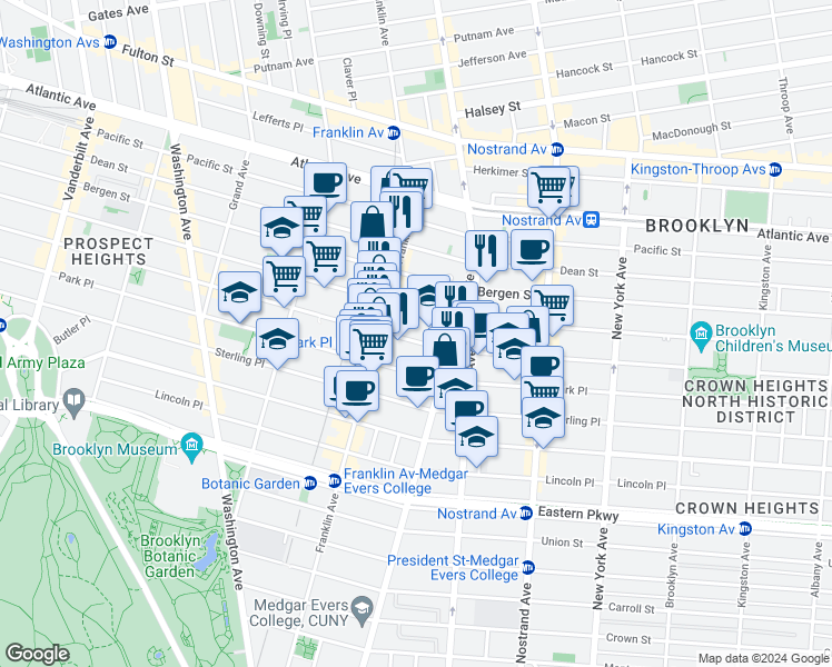 map of restaurants, bars, coffee shops, grocery stores, and more near 596 Saint Marks Avenue in Brooklyn