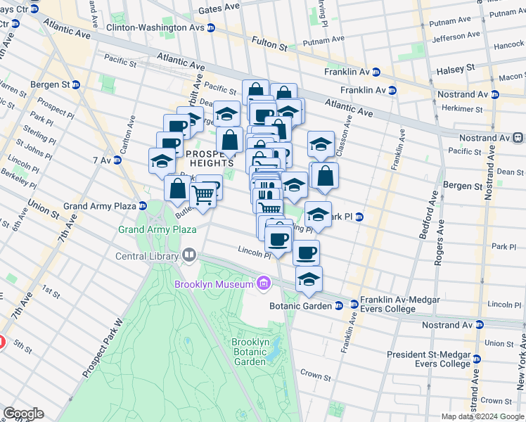 map of restaurants, bars, coffee shops, grocery stores, and more near 748 Washington Avenue in Brooklyn