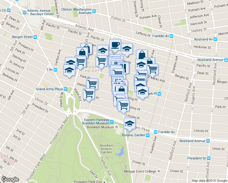 map of restaurants, bars, coffee shops, grocery stores, and more near 748 Washington Avenue in Brooklyn