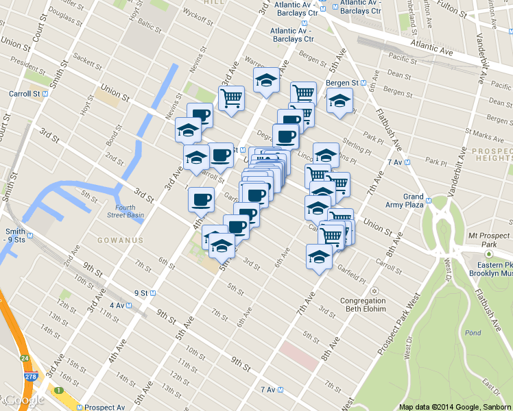 map of restaurants, bars, coffee shops, grocery stores, and more near 212 5th Avenue in Brooklyn