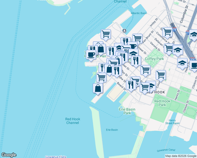 map of restaurants, bars, coffee shops, grocery stores, and more near 460 Van Brunt Street in Brooklyn