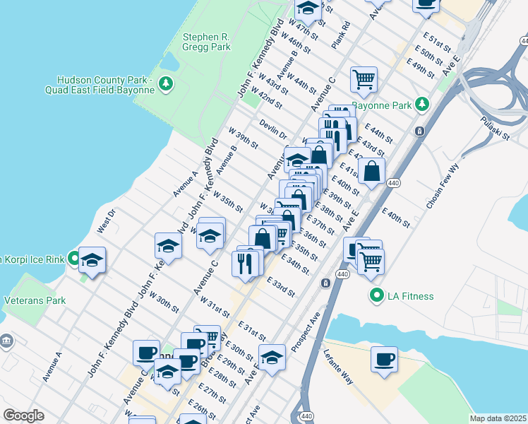 map of restaurants, bars, coffee shops, grocery stores, and more near 36 West 37th Street in Bayonne