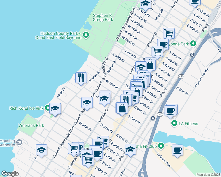map of restaurants, bars, coffee shops, grocery stores, and more near 84 West 35th Street in Bayonne