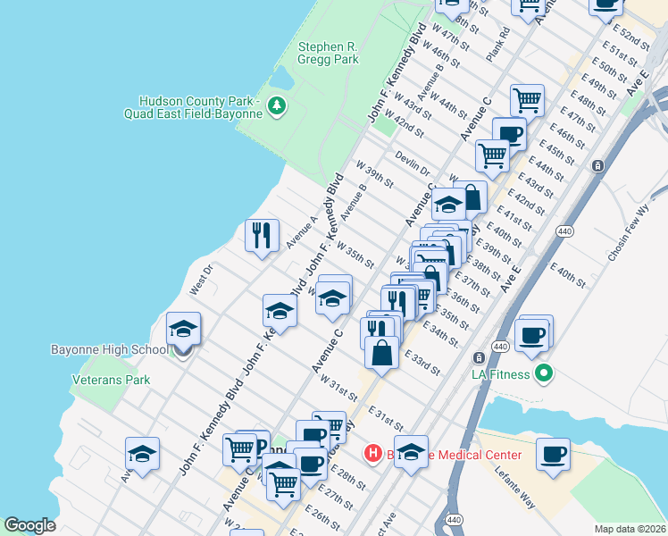 map of restaurants, bars, coffee shops, grocery stores, and more near in Bayonne