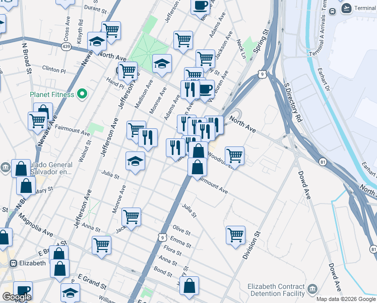 map of restaurants, bars, coffee shops, grocery stores, and more near 650 Van Buren Avenue in Elizabeth