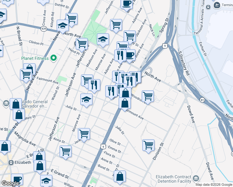 map of restaurants, bars, coffee shops, grocery stores, and more near 650 Van Buren Avenue in Elizabeth