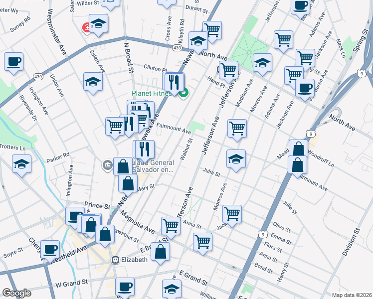 map of restaurants, bars, coffee shops, grocery stores, and more near 580 Walnut Street in Elizabeth