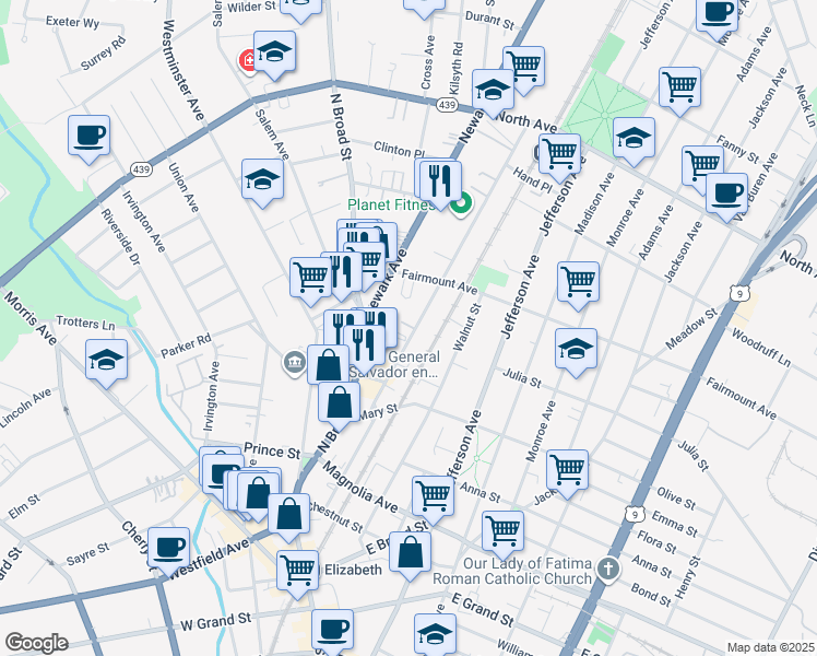 map of restaurants, bars, coffee shops, grocery stores, and more near 578 Pennsylvania Avenue in Elizabeth