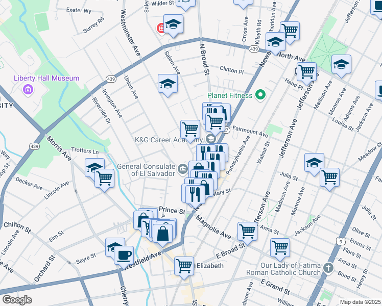map of restaurants, bars, coffee shops, grocery stores, and more near 552 Westminster Avenue in Elizabeth