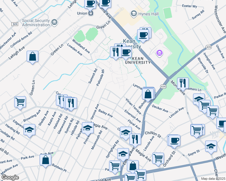 map of restaurants, bars, coffee shops, grocery stores, and more near Service Road in Union