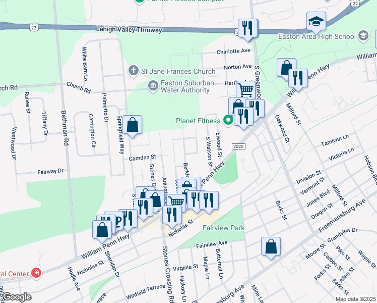 map of restaurants, bars, coffee shops, grocery stores, and more near 336 Dalton Street in Easton