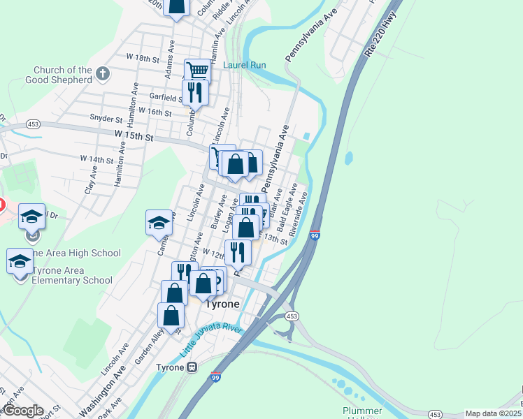 map of restaurants, bars, coffee shops, grocery stores, and more near 1403-05 Blair Avenue in Tyrone