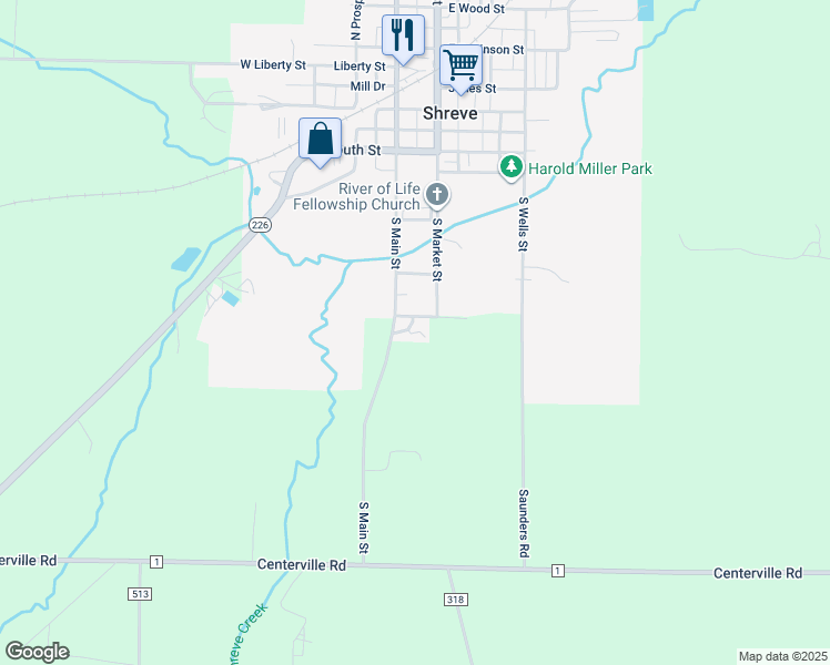 map of restaurants, bars, coffee shops, grocery stores, and more near 599 South Market Street in Shreve