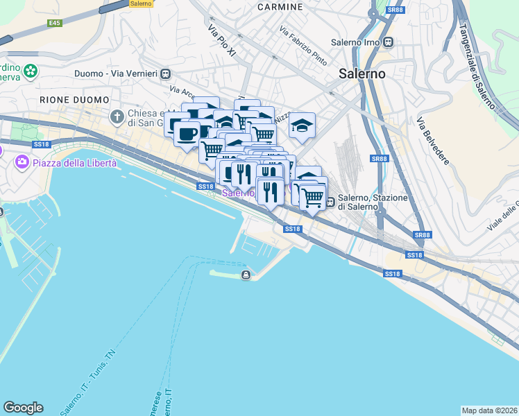 map of restaurants, bars, coffee shops, grocery stores, and more near 38 Lungomare Trieste in Salerno
