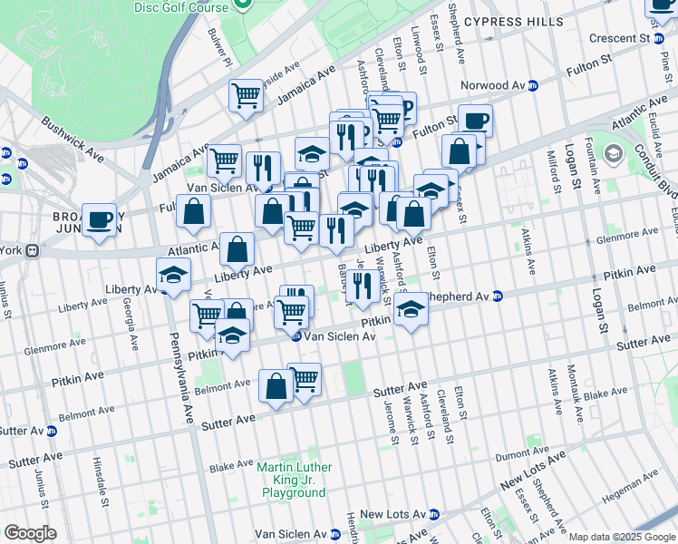 map of restaurants, bars, coffee shops, grocery stores, and more near 572 Liberty Avenue in Brooklyn