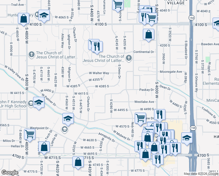 map of restaurants, bars, coffee shops, grocery stores, and more near 4264 West Deno Drive in West Valley City