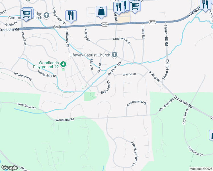 map of restaurants, bars, coffee shops, grocery stores, and more near 108 Bellwood Court in Cranberry Township