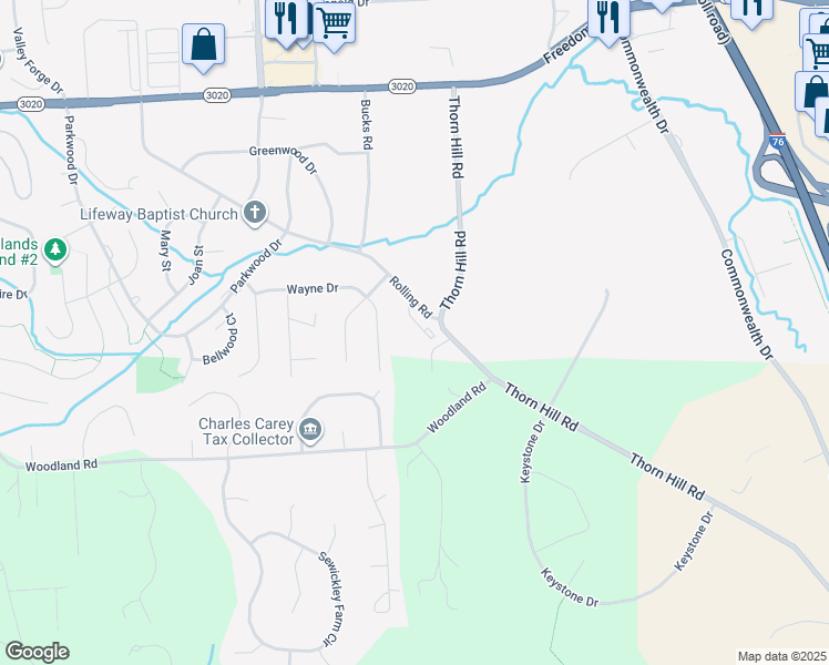 map of restaurants, bars, coffee shops, grocery stores, and more near 100 Rolling Road in Cranberry Township