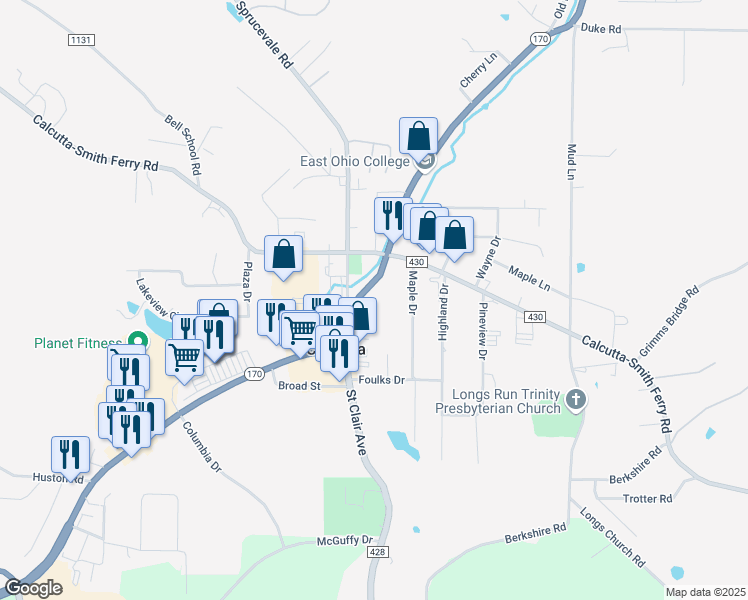 map of restaurants, bars, coffee shops, grocery stores, and more near 15482 Ohio 170 in East Liverpool