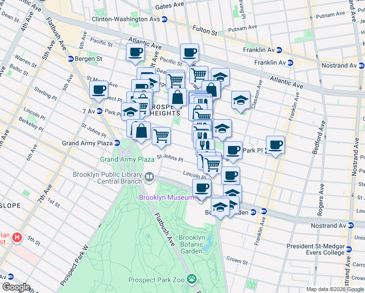 map of restaurants, bars, coffee shops, grocery stores, and more near 390 Sterling Place in Brooklyn