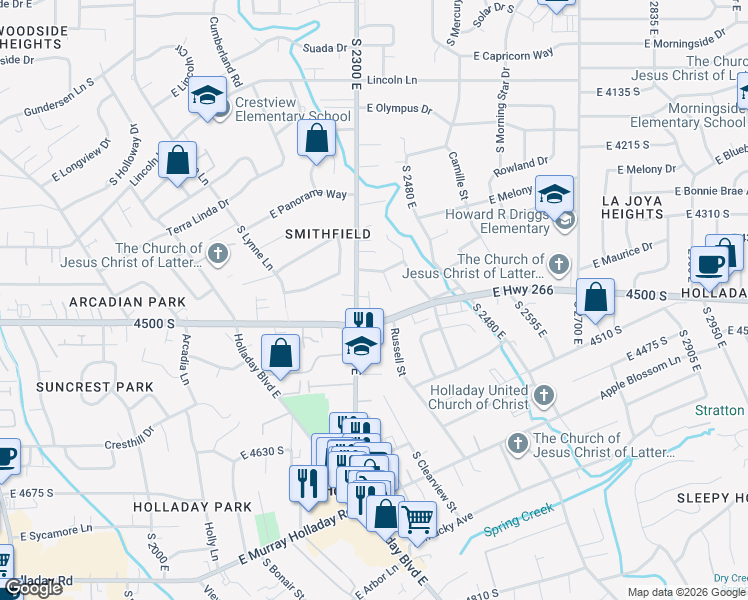 map of restaurants, bars, coffee shops, grocery stores, and more near 4451 Holladay Park Lane in Holladay