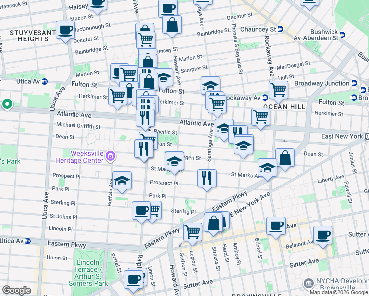 map of restaurants, bars, coffee shops, grocery stores, and more near 2076 Dean Street in Brooklyn