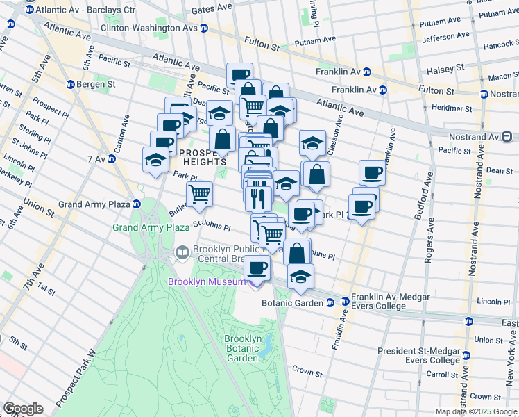 map of restaurants, bars, coffee shops, grocery stores, and more near 748 Washington Avenue in Brooklyn