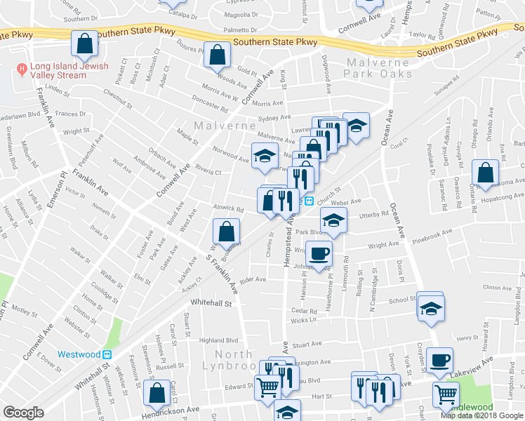 map of restaurants, bars, coffee shops, grocery stores, and more near 18 Alnwick Road in Malverne