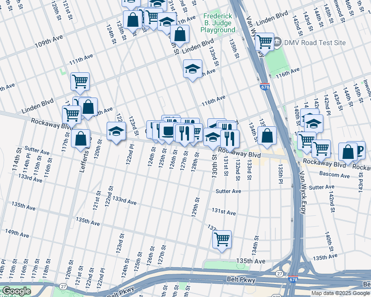 map of restaurants, bars, coffee shops, grocery stores, and more near 127-8 Foch Boulevard in Queens
